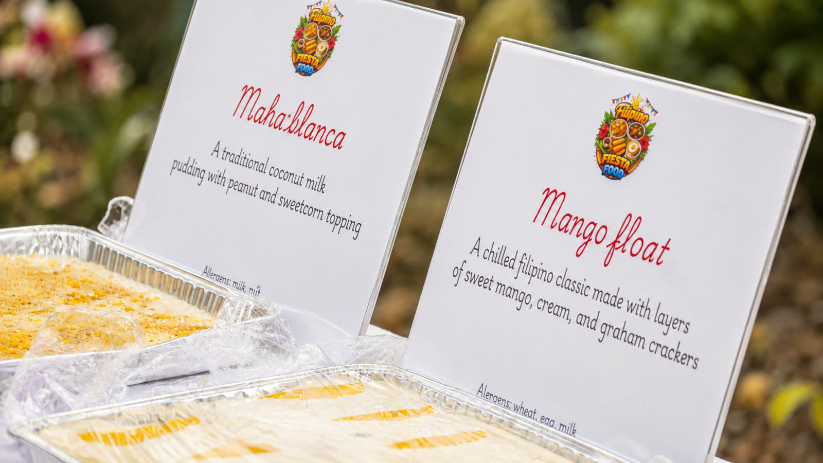 Maja blanca and mango float Filipino desserts with labelled signage