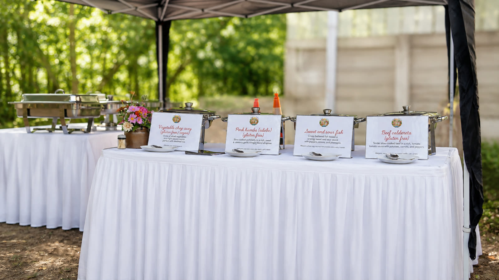 Labelled Filipino dishes: vegetable chop suey, pork humba, sweet and sour fish, beef caldereta